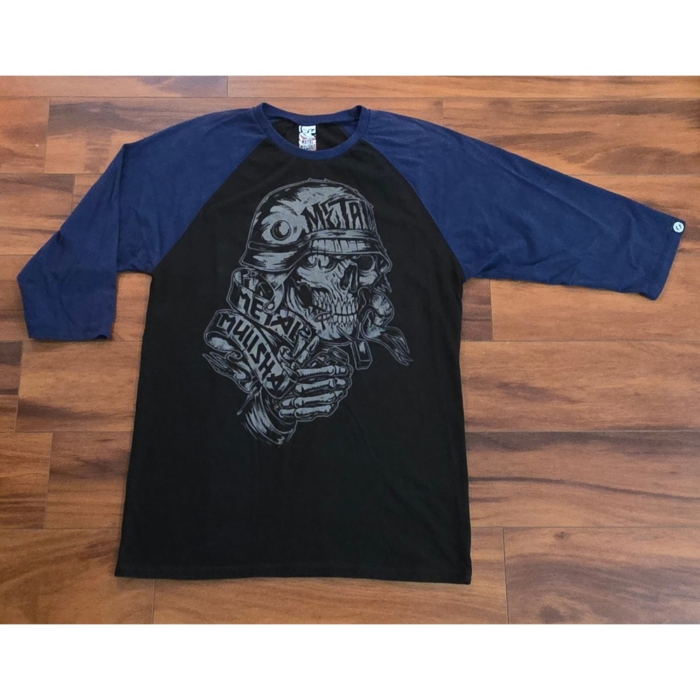 Metal Mulisha Mens Y2K Skull Graphic Raglan Baseball Tee Black Blue 3/4 Sleeve L